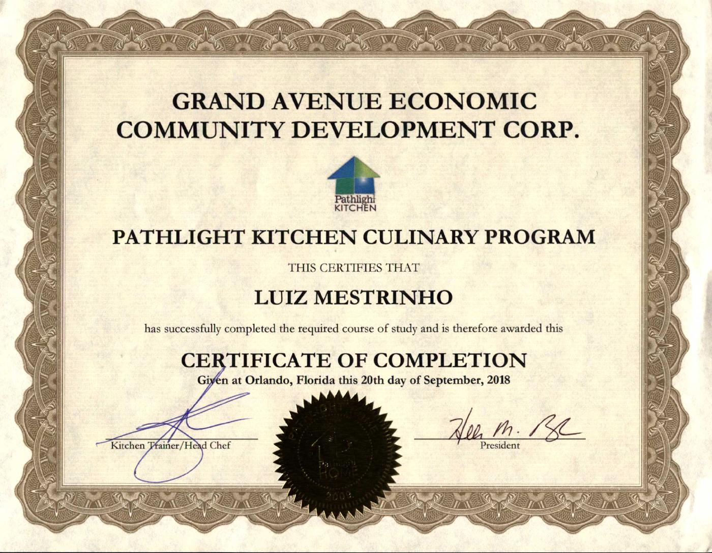 Certificate of Completion — Pathlight Kitchen Culinary Program, awarded to Luiz Mestrinho, Orlando, September 20, 2018