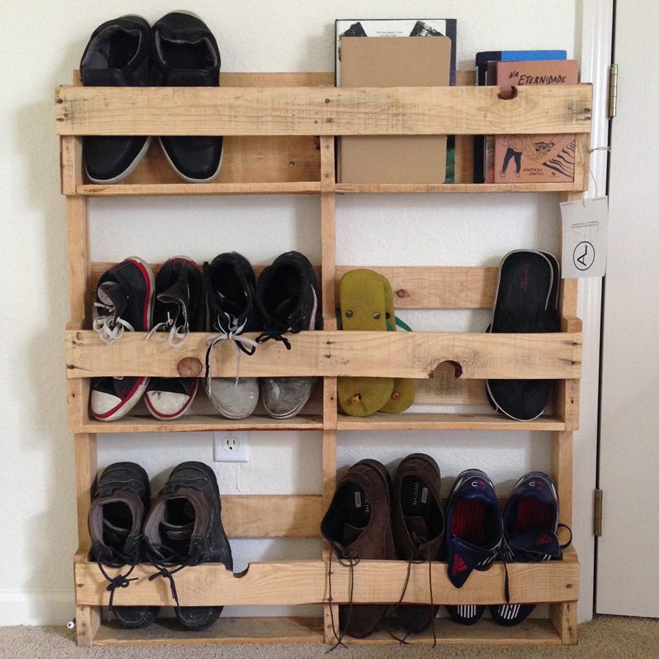 Shoe cubby built from a reclaimed wood pallet